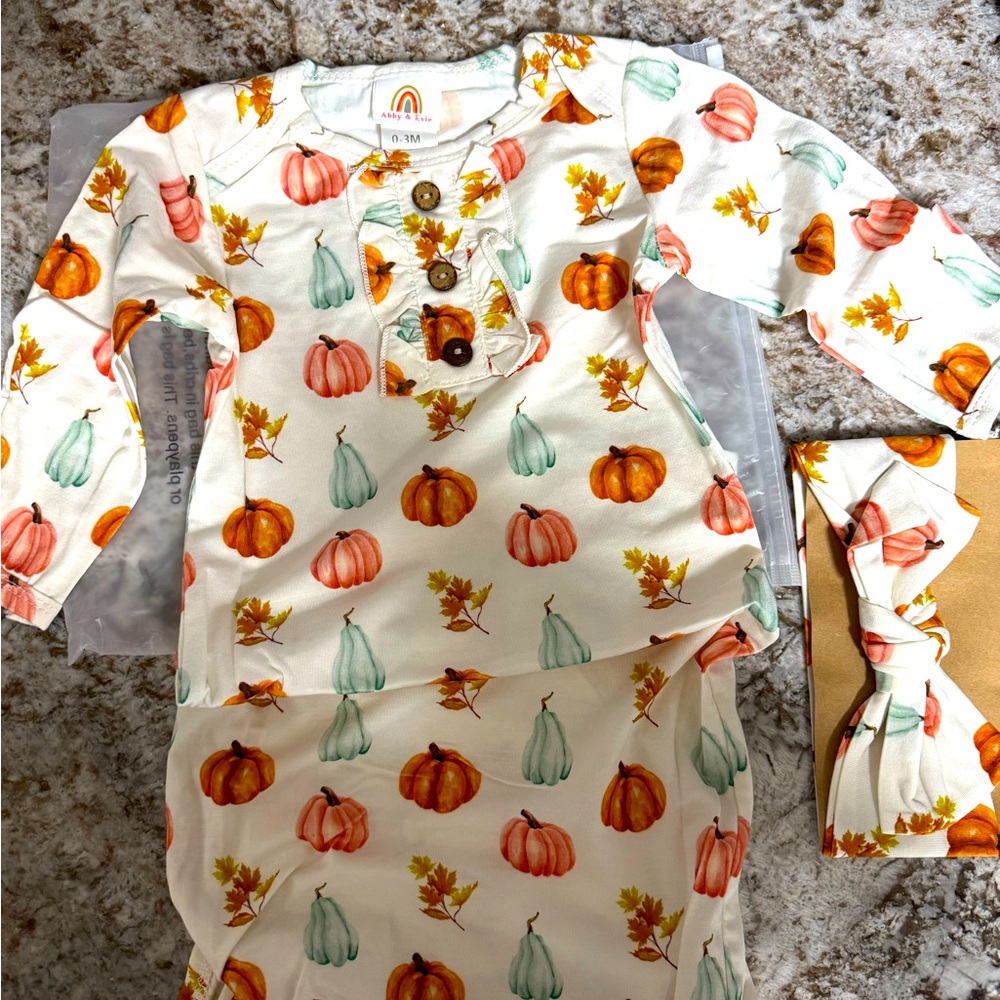 BN- 2 Fall gowns and headbands 1-cream and fall pumpkins, 1-orange/rust color